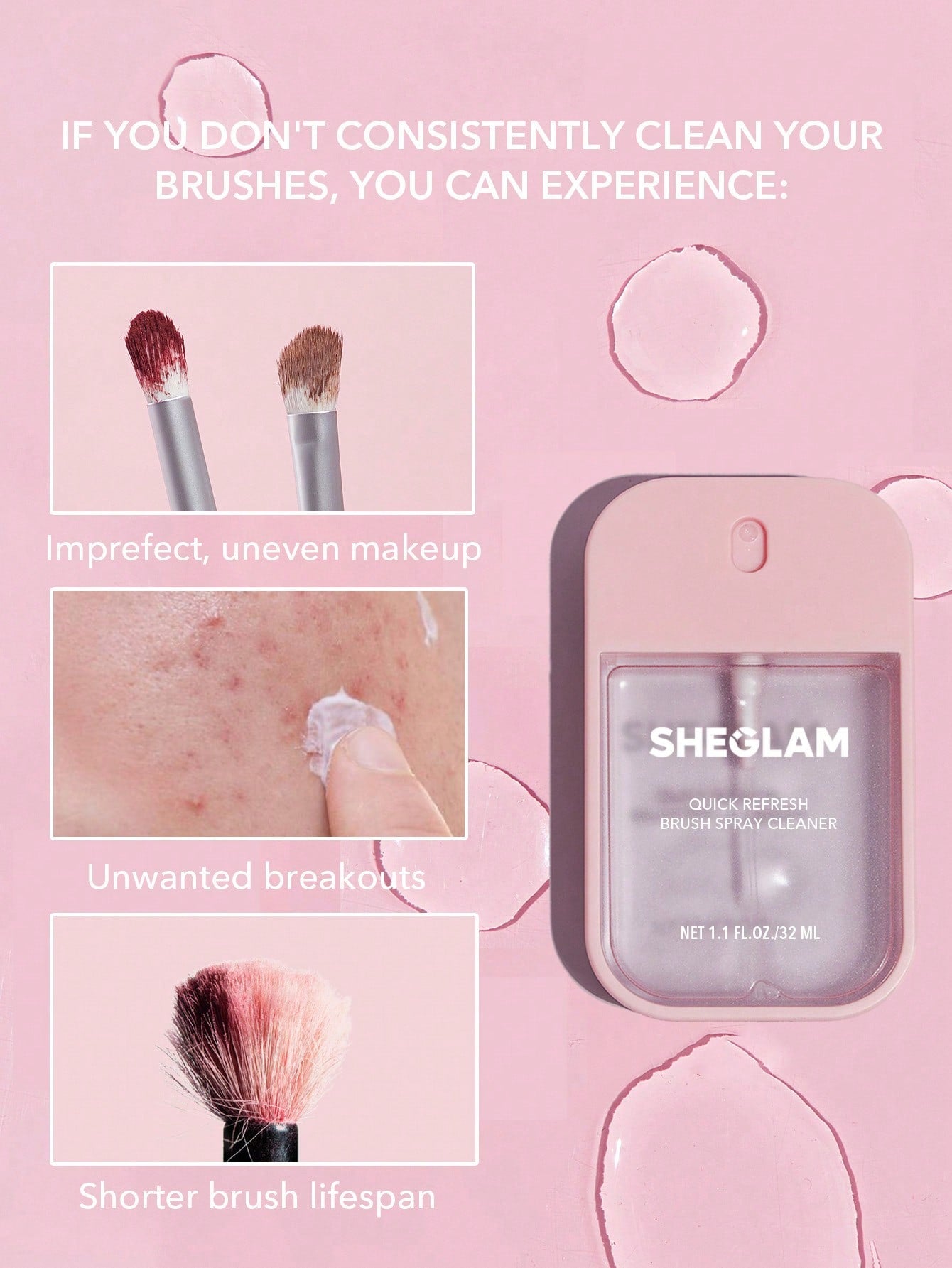 SHEGLAM - Limpiador en spray para brochas Quick Refresh de 32 ml